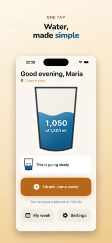 The Sip home screen: a large glass filled to 1,050 of 1,800 millilitres above a wide button reading I drank some water