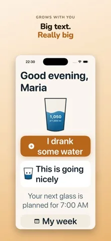 The same home screen at the largest iPhone text size, with the greeting and the button wrapping onto two lines